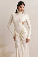Elegant Solid Turtleneck Long Sleeve Ruched Bodycon Dress