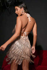 Solid Halter Tie V Neck Fringe Party Mini Sequin Dress