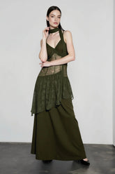 Lace Trim Sheer Waist Tie Cami Maxi Lace Dress