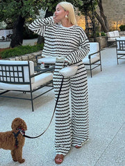 Hollow Striped Wide Leg Knit Set