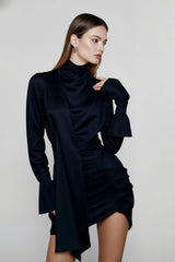 Matte Satin Bell Sleeve Mandarin Silk Dress