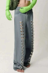 Metal Hole Hollow Out Straight Jeans