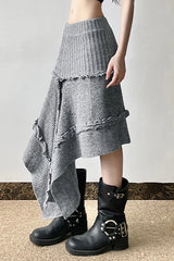 Knit Asymmetric Hem High Waist Midi Skirt