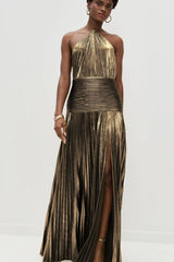 Metallic Pleated Slit Tie Halter Sleeveless Formal Dress