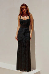 Sheer Lace Ruched Halter Wrap Dress