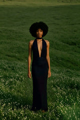 V Neck Halter Backless Solid Slit Formal Dress
