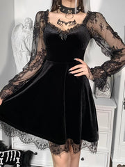 Moon Black Grunge Dark V Neck Aesthetic Vintage Mini Long Sleeve Autumn Dress