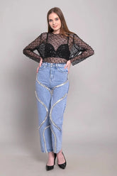 High Waist Rhinestone Panel Wide Leg Straight Jeans