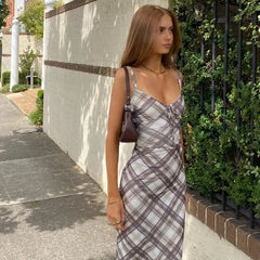 Plaid V-neck Backless Spaghetti Strap Slip Dress