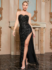Bright Silk Printed Mesh Split Lace Dress