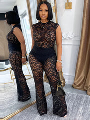 Mesh See Through Flared Two Piece Pants Set