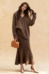 Lazy V-neck Knit Sweater Mermaid Skirt Two Piece Set