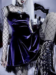 Velvet Gothic Black Vintage Spaghetti Strap High Waist Aesthetic Elegant Party Dress