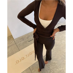 Y2K Tie-up Wrap V-neck Two Piece Pants Set