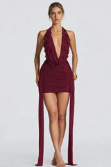 Deep V Halter Sash Teardrop Bodycon Party Dress