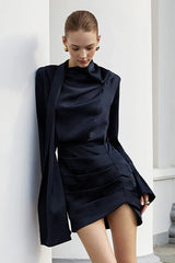 Matte Satin Bell Sleeve Mandarin Silk Dress