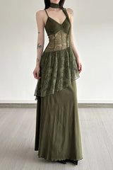 Lace Trim Sheer Waist Tie Cami Maxi Lace Dress