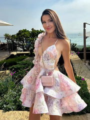 3D Floral Halter Layered V Neck Mini Dress