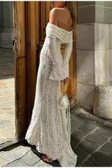 Off Shoulder Ruched Lace Flare Sleeve Bodycon Dress