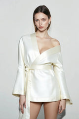 Loose Tie-Waist Long-Sleeve Satin Mini Silk Dress