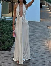 Solid Shirring Halter Maxi Dress