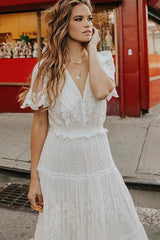 Short Sleeve V Neck Lace Boho Dress