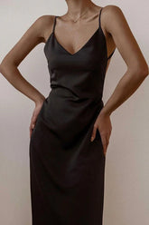 French Style V-Neck Satin Backless Cami Silk Dress