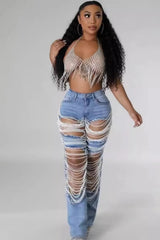 Large Ripped Chain Beaded Accent Straight Denim Jeans