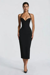Solid Halter Neck Tie Back Midi Party Dress