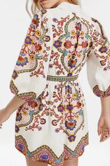 Ethnic Floral Lantern Sleeve Collared Boho Dress