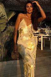 Backless Gold-Foil Cami Silk Dress