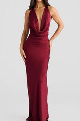 Sleeveless Halter Cowl Neck Satin Bodycon Dress