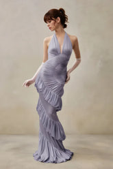 Elegant Solid V Neck Halter Backless Fitted Ruched Party Dress