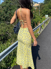 Dulzura Lace Up Halter Floral Long Bodycon Club Streetwear Sun Midi Dresses