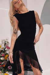 Crew Neck Sleeveless Ruched Back Mesh Bodycon Dress