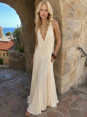 Deep V Neck Lace Patchwork Boho Dress