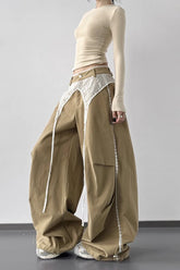 Vintage Lace Patchwork Bow High Waist Slim Wide Leg Pants