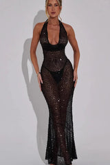 Sequin Halter Deep V Slim Bodycon Sequin Dress