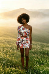 DressBetty - Women Fashion Floral Print Cutout Lantern Long Sleeve Dress