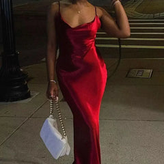 Elegant Satin Backless Spaghetti Strap Slip Dress