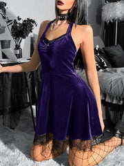Velvet Gothic Green Halter Y2K Backless Lace Patchwork High Waist Mini Dress