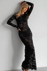 Sheer Jacquard Lace Long Sleeve Bodycon Dress