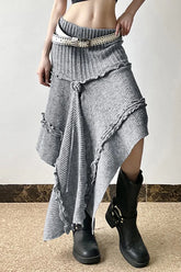 Knit Asymmetric Hem High Waist Midi Skirt