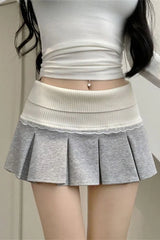Pleated Lace Trim High Waist Skirt