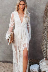 Lace Long Sleeve V Neck Solid Chiffon Boho Dress