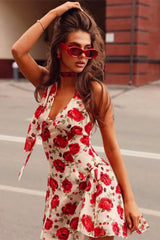 Halter Backless Rose Print A-Line Floral Dress