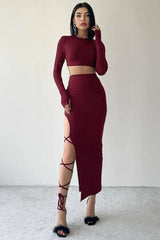 Solid Crew Neck Long Sleeve Tie Waist Skirt Two Piece Set