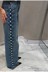 Beaded High Waist Straight Leg Jeans