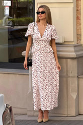V-Neck Wrap Waist Puff Floral Dress