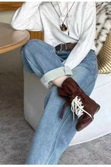 Vintage Fleece Lined Bootcut Wide Leg Loose Jeans